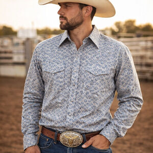 Mens Western Paisley Button Down Shirt Gray Blue Cowboy Rodeo Snap S